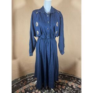 Sassa Ltd. Vintage 1980s Dark Wash Denim Western Dress – Silver Concho & Collar